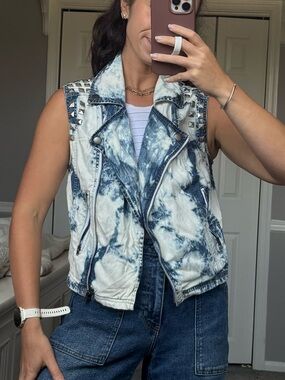 Bullhead Blue and White Tie-Dye Studded Denim Vest